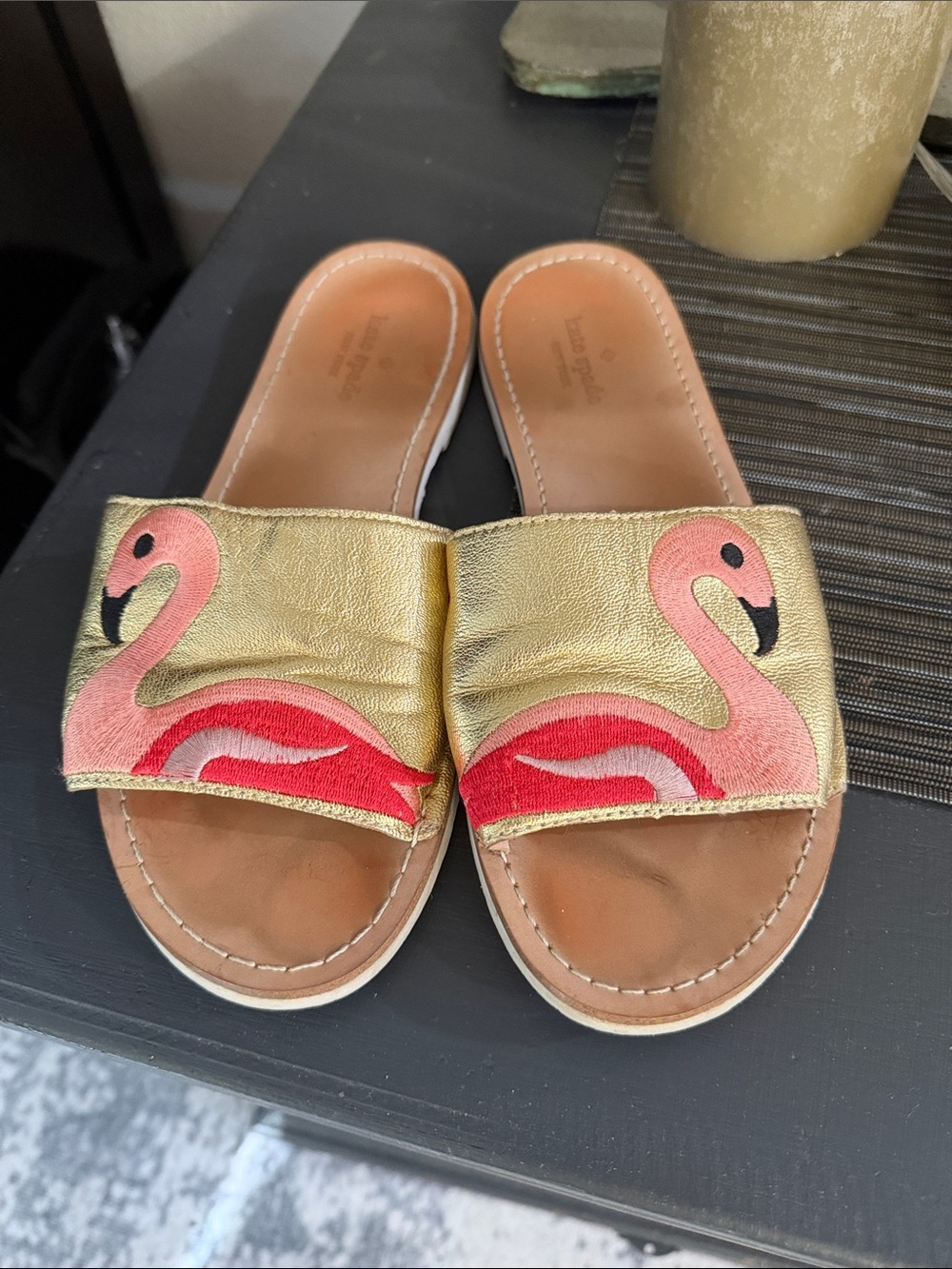 Kate Spade Izzy Gold Flamingo Slide Sandals